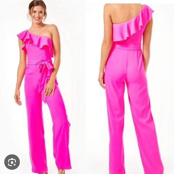 Lilly Pulizer One-Shoulder Pink Jumpsuit, Size 4 - Picture 1 of 10